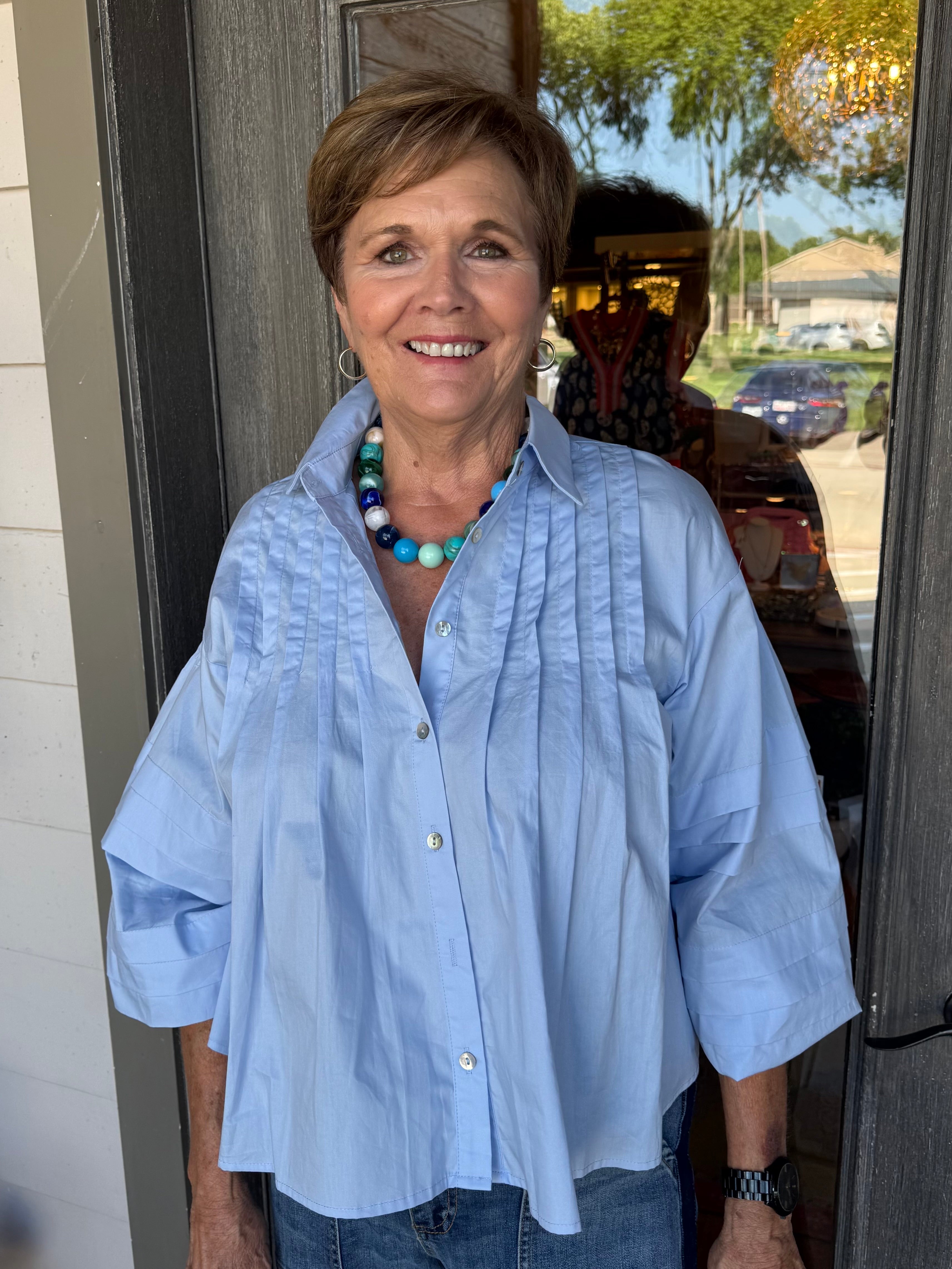 Laurel Blue Pleated Blouse – The Pearl at Hotel Lucy