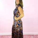 Navy Satin Print Maxi Dress