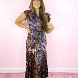 Navy Satin Print Maxi Dress