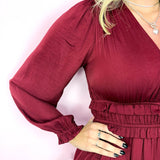 Cranberry Satin Tiered Midi Dress