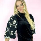 Black Floral Puff Sleeve Velvet Top