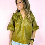 Olive Puff Sleeve Leather Top