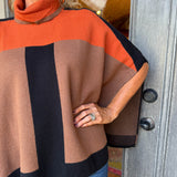Colorblock Knit Turtleneck Poncho