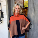 Colorblock Knit Turtleneck Poncho