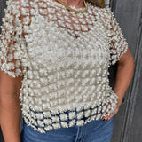 Champagne Crochet Lace Pearl Beaded Top