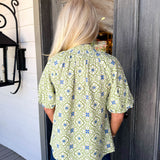 Green Smocked Print Blouse