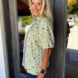 Green Smocked Print Blouse
