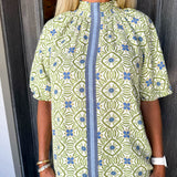 Green Smocked Print Blouse