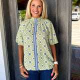 Green Smocked Print Blouse