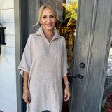 Taupe Ladies Solid Color Turndown Collar Knit Top