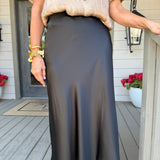 Maddie Black Satin Midi Skirt