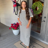 Ivory/Black Striped T Shirt Midi Dress - Curvy