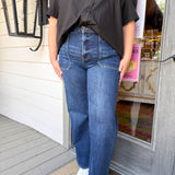 Nice Blue High Rise Wide Leg Patch Pocket Jeans - Curvy